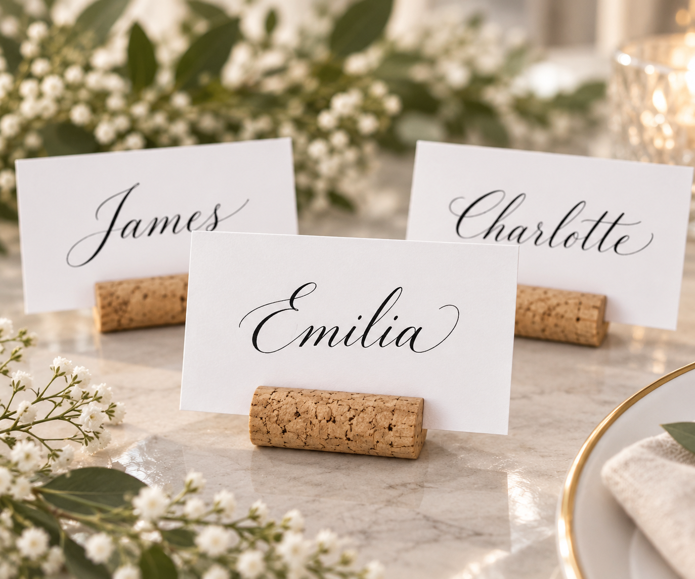 Black place cards with white calligraphy in cork holders